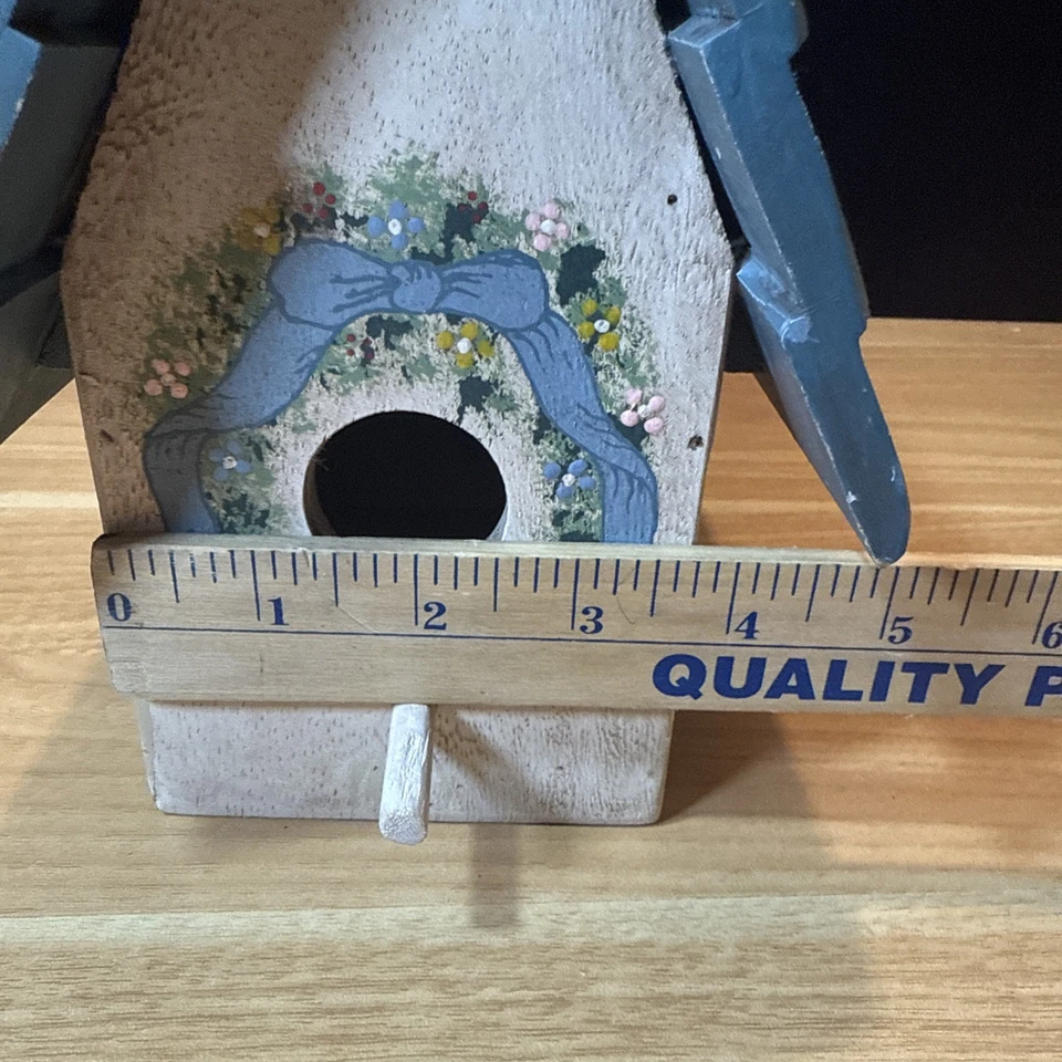 Vintage Decorative Birdhouse White Blue Roof Floral Wreath 8.75” Tall Cottage - Image 3 of 4