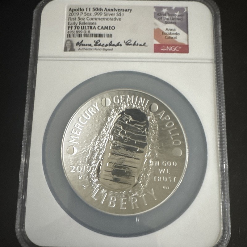 Silver 5 Oz Troy 999 Apollo 11 Ngc Pf70 UC Top Pop Signed Anna Escobedo Cabral