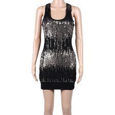 WINDSOR Black Dress Silver Sequins Mini Fitted Party Dress Women XS Size 0-2