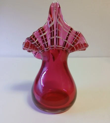 Fenton Glass Jack in the Pulpit Cranberry Art Glass Vase White Ribbon Collar