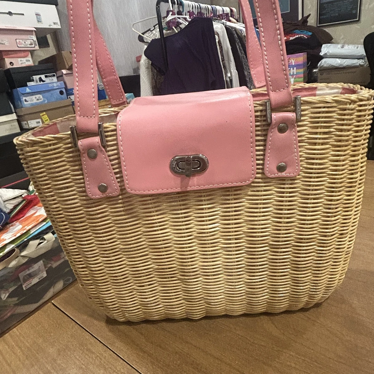 Mini Sac à Main Donna Dixon En Paille Rose - Avec Chaîne Métal Et Perles, Neuf Avec étiquettes