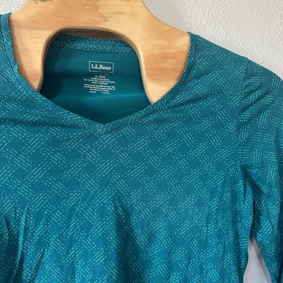 Camiseta Top L.L.Bean Manga Larga Cuello en V Ligera Estampado Verde Azulado Para Mujer Talla Mediana Foto 2 de 4