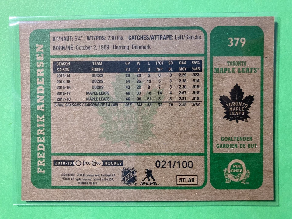 2018-19 O-Pee-Chee OPC Retro Black #379 Frederik Andersen 021/100 - Image 2 of 2