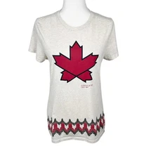 Canada Olympics Shirt Women Medium Beige Red Short Sleeve Maple Leaf Tee