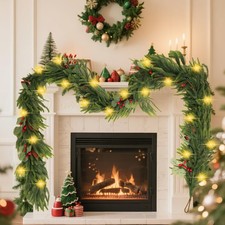 9 FT Christmas Garland with 7 Modes LED Light, 9 True Pinecones Red Cones Euc...