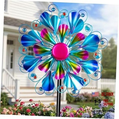 60'' Wind Spinner with Color Glass Ball Solar Lights, Blue Peacock Feathers 2