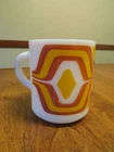vintage Milk Glass Mugs-60/70s Retro Orange/Yellow Geometrical Design