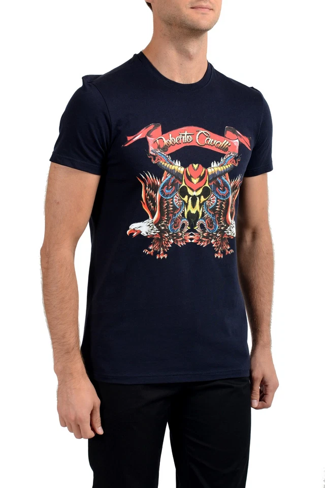 Camiseta para hombre Roberto Cavalli azul marino estampado gráfico cuello redondo talla S M L XL 2XL Foto 2 de 4