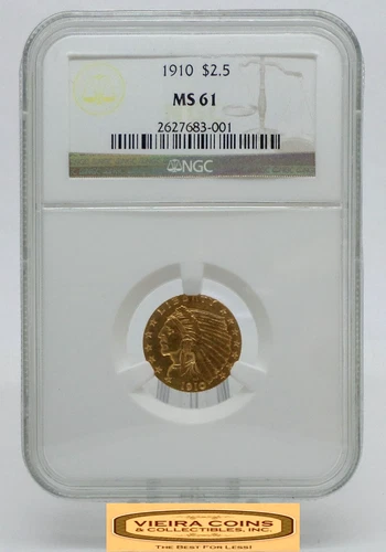1910 Indian Head Gold $2.5, Quarter Eagle, NGC MS 61 - #SO54936
