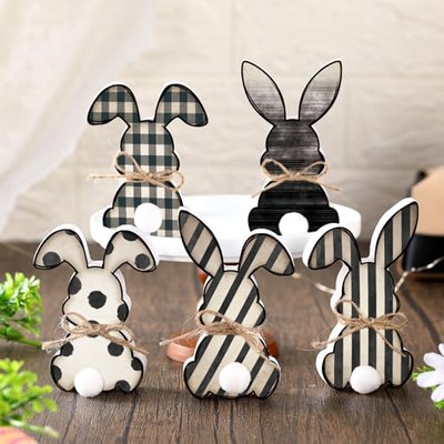 5 Pcs Easter Bunny Wooden Signs Buffalo Plaid Bunny Decor with Jute Rope 