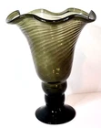 "Blenko" Hand Blown Glass Pedestal Vase - Dark Olive-Swirl Banded - 12" T - MCM