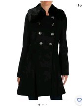 Via Spiga Women's Double Breasted Faux Fur Collar Fit 'n Flare Coat Black Sz.10