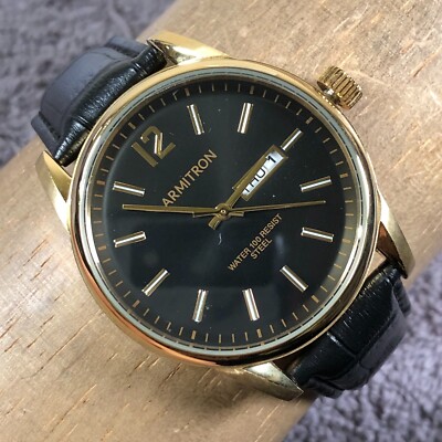 Armitron Men 20/5407GP Gold Tone Day Date Black Leather 40mm