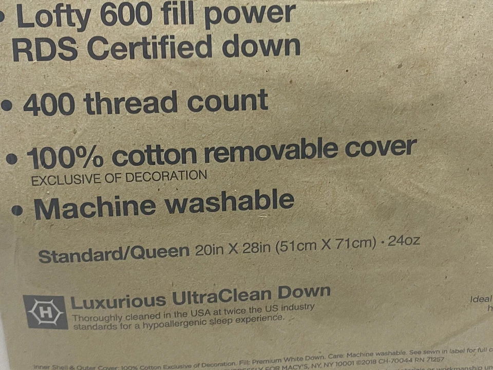 Charter Club Premium White Down Medium Density Standard/Queen Pillow New - Image 4 of 4
