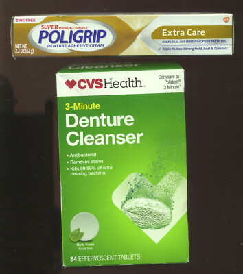 CVS 3-MINUTE DENTURE CLEANSER 84 TABLETS  & SUPER POLIGRIP 2.2oz DENTURE CREAM !