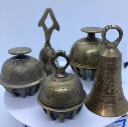 Lot of 5 Brass Elephant Claw/Other Temple Bells Etched READ