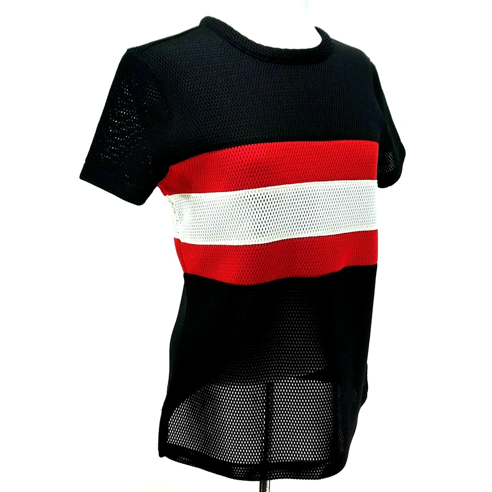 Top REEBOK Melody Ehsani Negro Rojo Blanco Rayas Malla S/S Para Mujer S RARO ~ ¡MUY BUEN ESTADO! * Foto 3 de 4