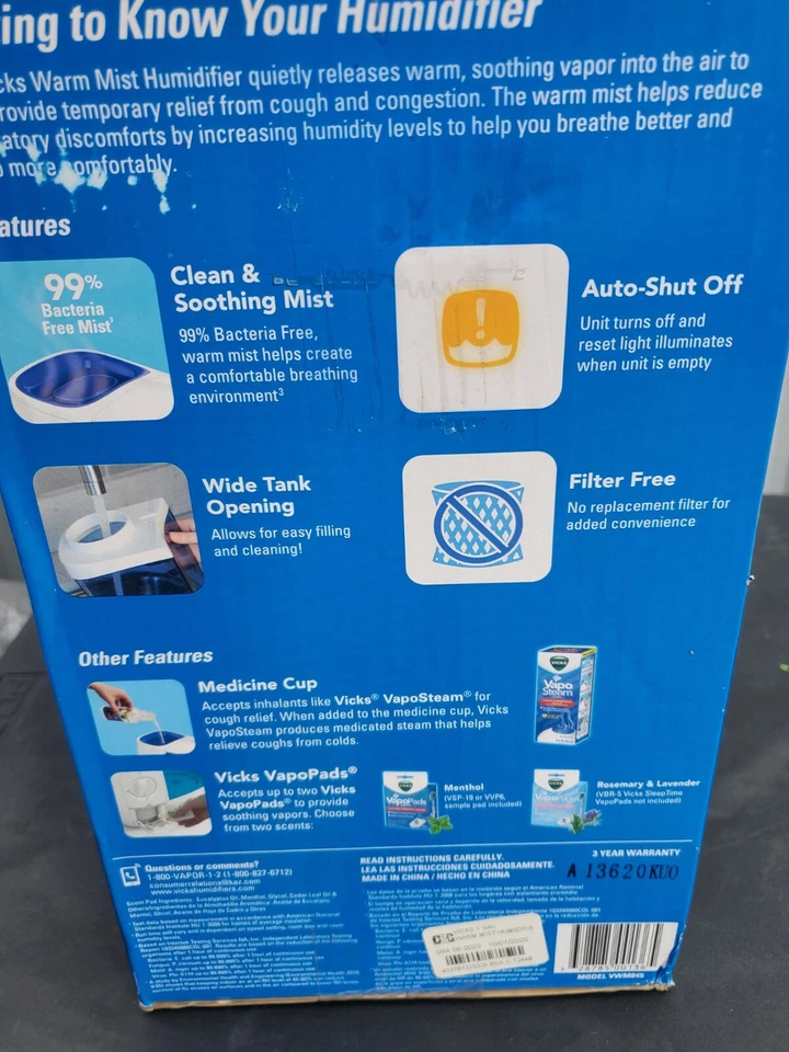 🌦 Vicks Warm Mist Humidifier, White and Blue Model#VWM845V1👌GOOD CONDITIONS‼️ - Image 2 of 4