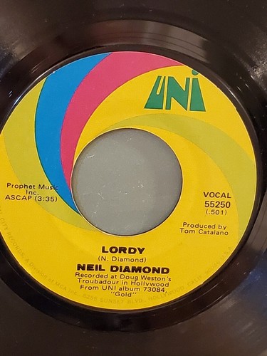 NEIL DIAMOND 7" 45 RPM - "Cracklin' Rosie" & "Lordy" on UNI label VG+ condition - Foto 4 di 4