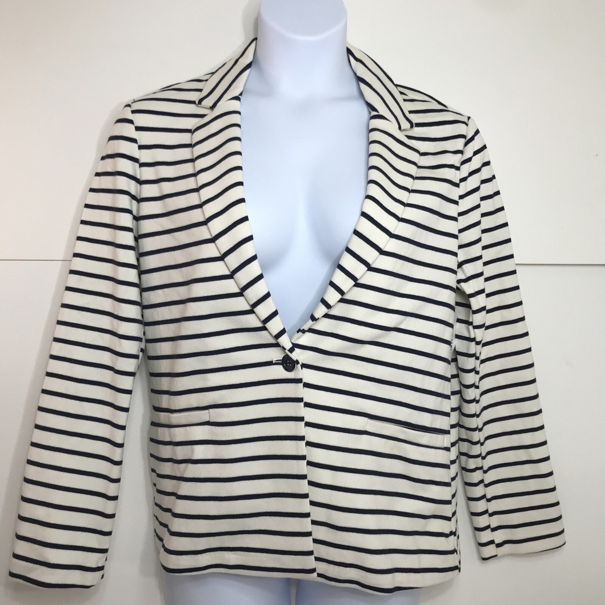 Old Navy Women's Cardigan Large White Blue Striped One Button