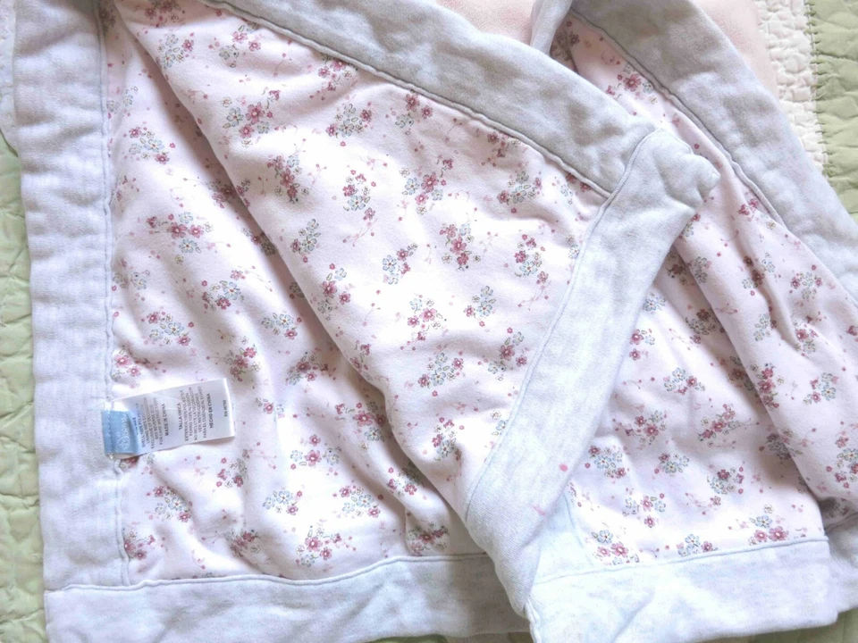 Disney Mickey & Minnie Mouse Pink Fleece Gray Cotton Baby Girl Blanket w Flowers - Image 2 of 3