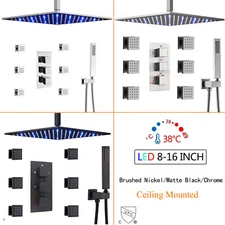 Shower Faucet Ceiling LED Rain Head Combo Set Thermostatic Valve Massage System