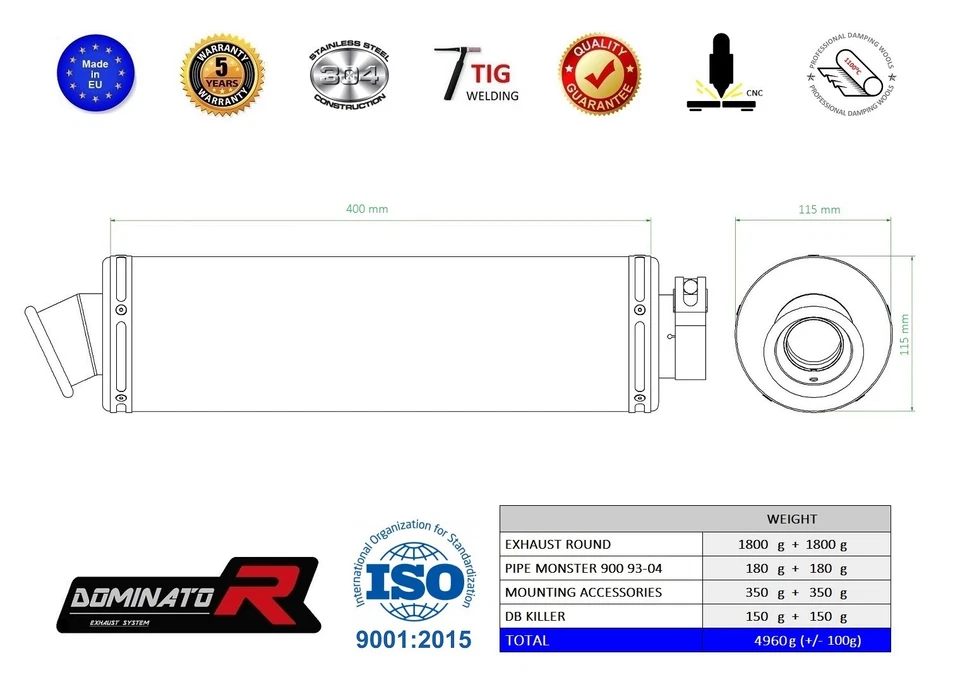 Exhaust silencer muffler DOMINATOR ROUND DUCATI MONSTER 900 93-04 + DB KILLER - Изображение 2 из 2