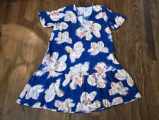 A New Day S V Neck Dress Blue Floral Short Sleeve Viscose Ruffle, Perfect Cond