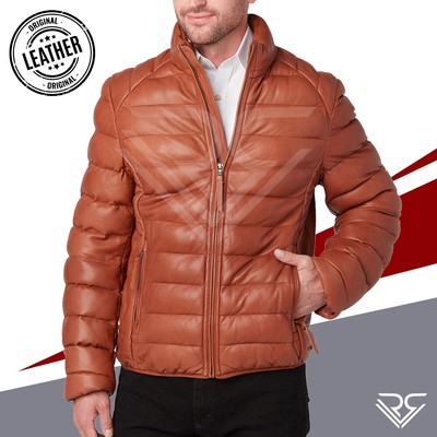 Puffer Cognac Leather Jacket Bomber Zipper Pockets Real Leather Jacket for Men's