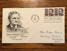 US 1281 Francis Parkman 3-Cent Issues on FDC, 1967