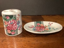 2 Pcs Vintage Croscill GRANADA Oval Soap Dish and Toothbrush Holder Green Stripe