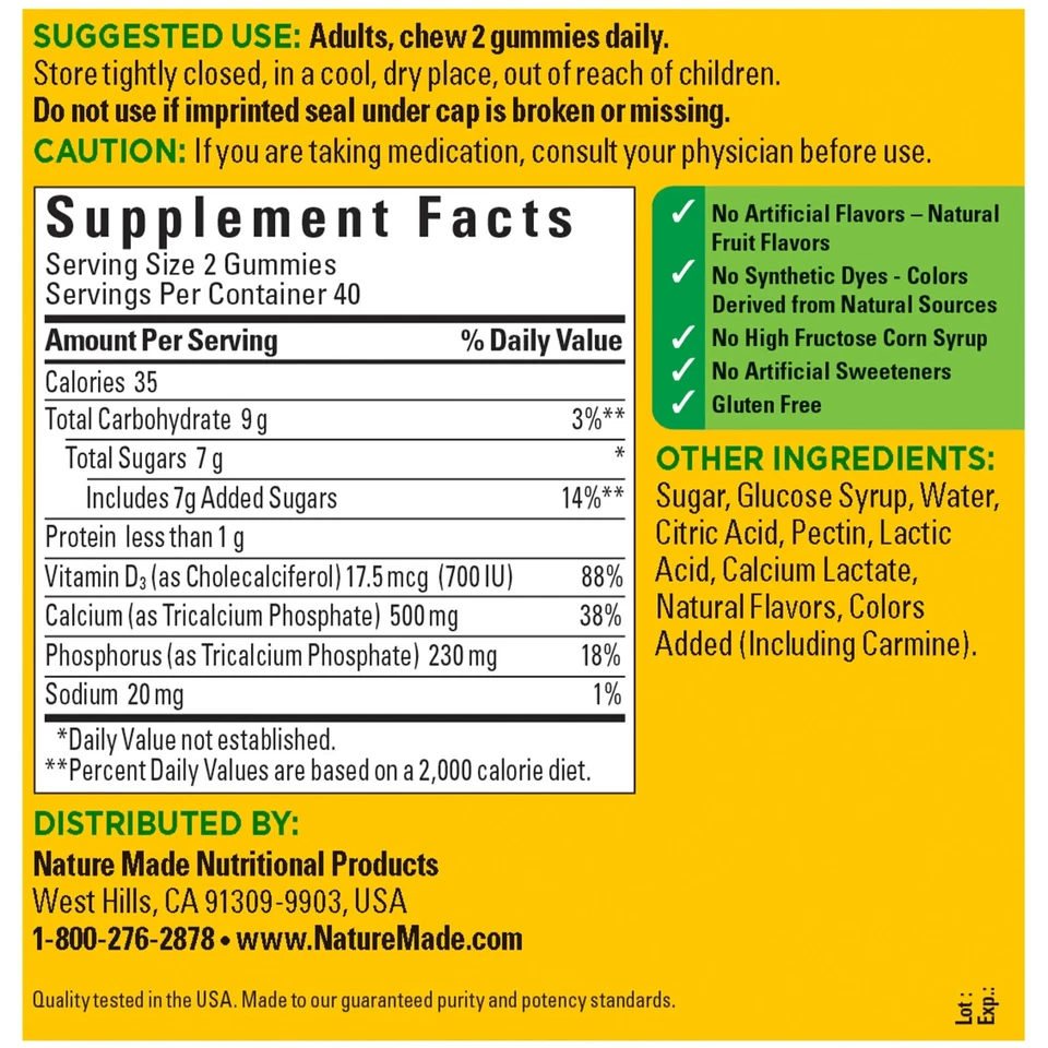 Calcio Nature Made 500 mg con gomitas de vitamina D3 - 80 unidades Foto 3 de 3