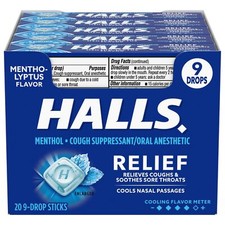 HALLS Relief Mentho-Lyptus Cough Drops, 20 Packs of 9 Drops 180 Total Drops 