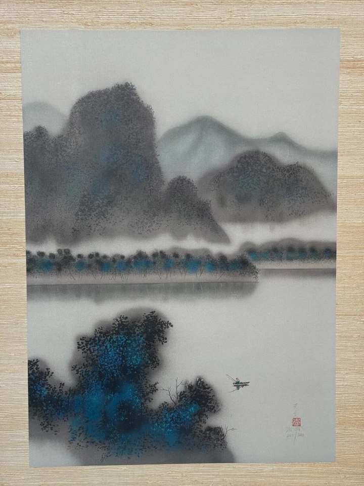 LITOGRAFÍA PAISAJE MARINO-PAISAJE ASIÁTICO FIRMADA POR DAVID LEE PESCADOR SOLITARIO Foto 3 de 4