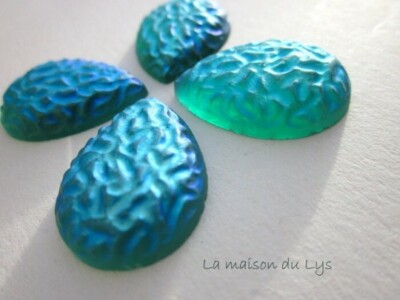 Lot De 4 Cabochons En Verre Bleu-vert Irisé Forme Goutte - Ancien Stock Neuf, Parfait Pour Bijoux DIY