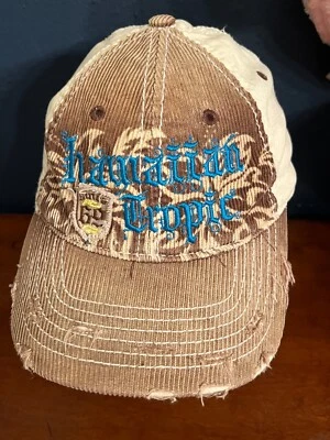 Hawaiian Tropic Distressed Hat L/XL Corduroy Brown/Blue Natural Fit Since 69 - Image 1 of 4