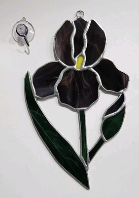 Vintage Stained Glass Purple Iris Flower Suncatcher 9'' x 5.5'' with Suction Cup