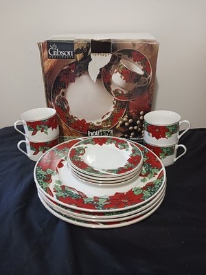 Vtg 1997 Gibson Poinsettia Holly Red Ribbon 12 Pc Fine China Set Service For 4