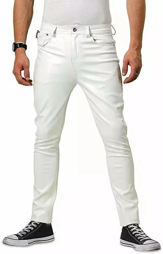 Men's white Real Leather Trouser Biker Motorcycle Jeans Pant White Leather