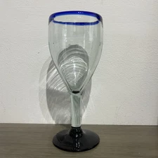 Set of 6 Vintage Hand Blown Clear w/ Cobalt Blue Rim Wine Mexican Glass 8”