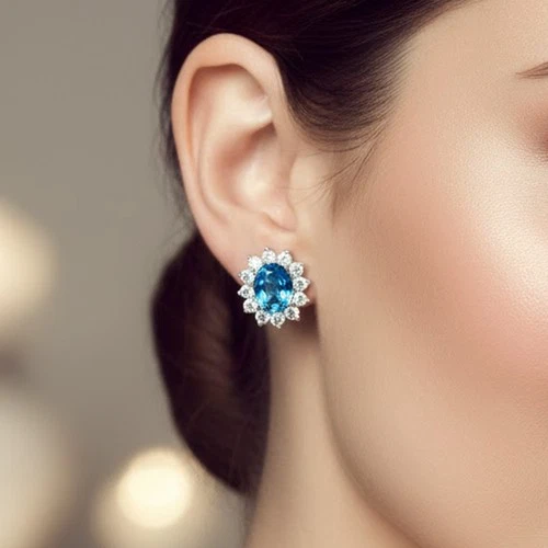 925 Sterling Silver Earrings Beautiful Halo Swiss Blue Topaz 4.65Ct Handmade