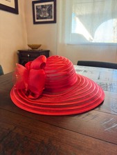 Red Wide Brim Church Derby Hat Satin Bow Rhinestone Mesh Tea Party Wedding