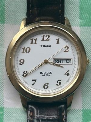 Timex Indiglo Men s Gold Tone Brown Band Quartz Watch