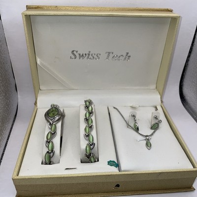 Vintage Swiss Tech Uhr Schmuck Set Silberfarben Grün Stein Boxed Halskette Y2K