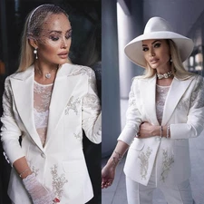 Women White Applique Suit Single Breasted Jacket Peak Lapel Party Formal 2Pcs
