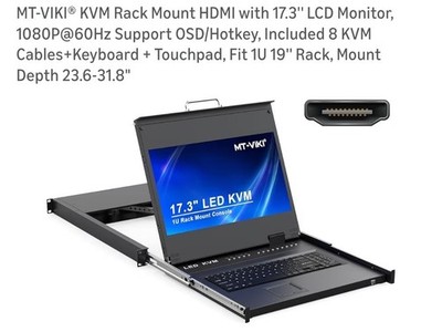MT-VIKI KVM Rack Mount Console HDMI 17.3'' LCD Monitor 1:8 OSD Keyboard Touchpad