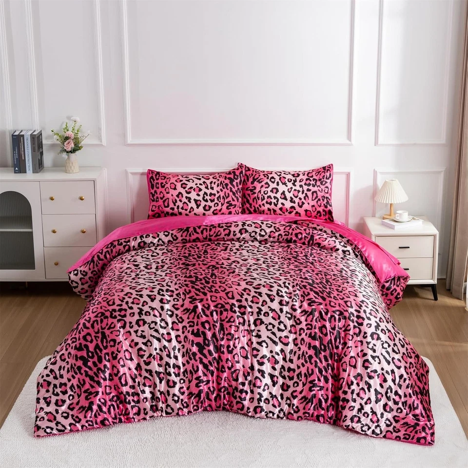 Juego de edredón contemporáneo con estampado de leopardo rosa, reina Foto 4 de 4