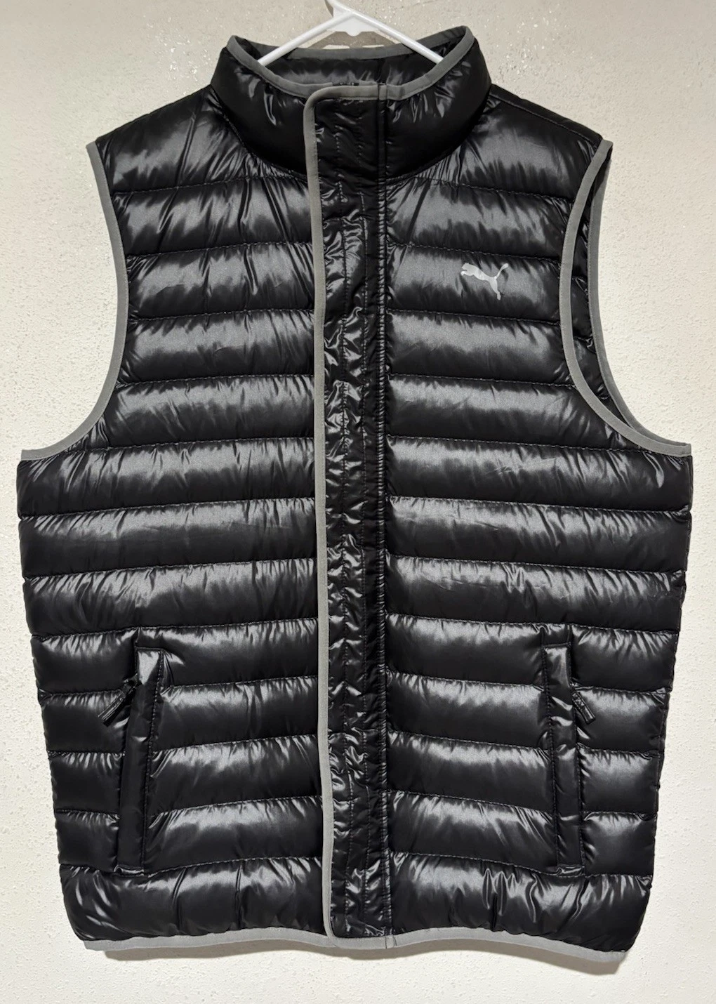 PUMA Down Puffer Vest Jacket Mens Large Quilted Full Zip Shinny Black
