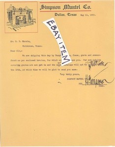 1908 H Simpson Mantel Company Dallas Texas Tx Letterhead Fire