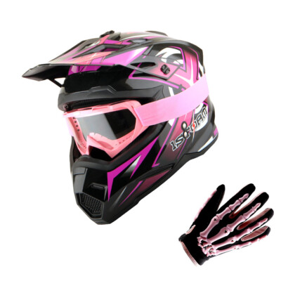 1Storm DOT Adult Motocross Helmet MX BMX Bike Racing Pink+MX Gloves+MX Goggles